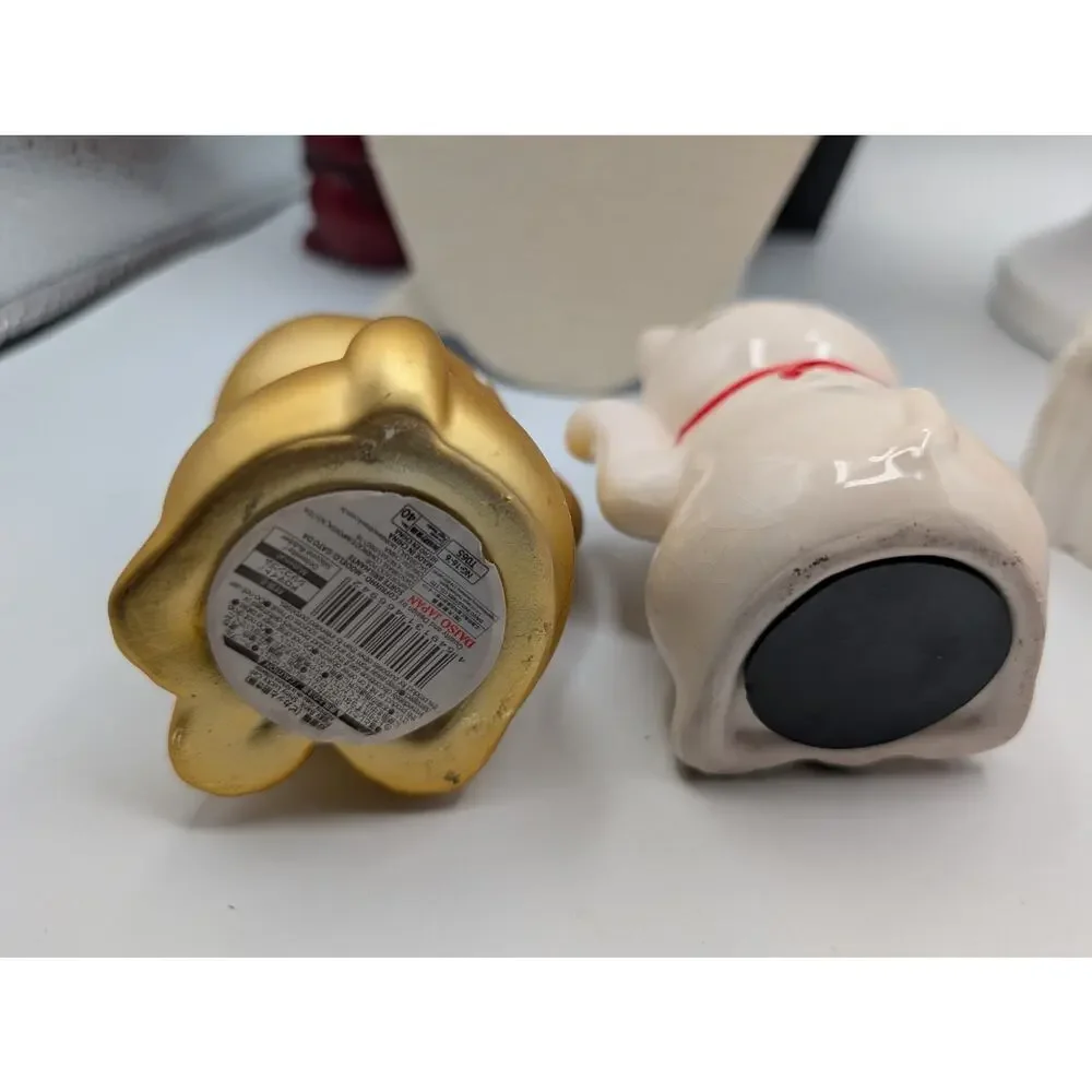 Pair Maneki-Neko Lucky Cat Piggy Bank Figurines Gold & White Ceramic Daiso READ